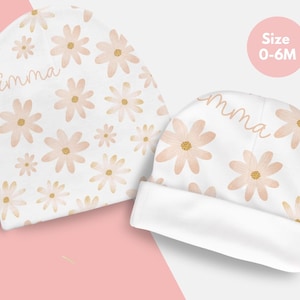 Custom Baby Shower Gift Girl Baby Personalized Swaddle Blanket and Hat Minimalist Baby Gift Pink Flower Blanket Personalized Name Blanket