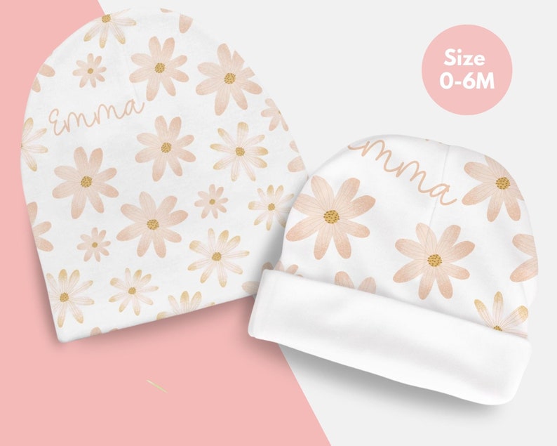 Custom Baby Shower Gift Girl Baby Personalized Swaddle Blanket and Hat Minimalist Baby Gift Pink Flower Blanket Personalized Name Blanket