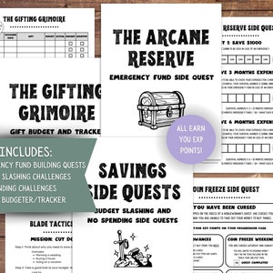 Op de afbeelding: Een printbare set met zwart-witte werkbladen voor een spaar- en budgetspel. De werkbladen bevatten titels zoals "The Gifting Grimoire", "The Arcane Reserve", "Savings Side Quests" en "Coin Freeze Side Quest".