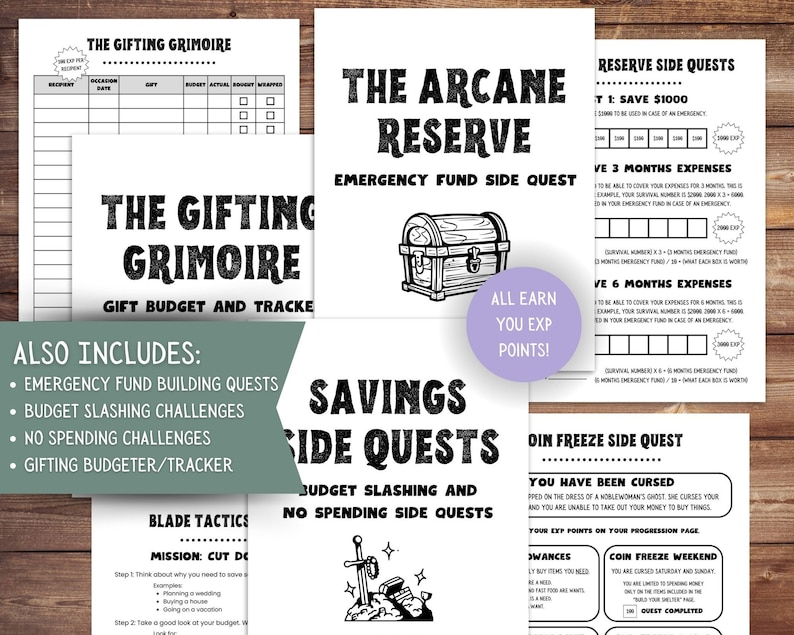 Op de afbeelding: Een printbare set met zwart-witte werkbladen voor een spaar- en budgetspel. De werkbladen bevatten titels zoals "The Gifting Grimoire", "The Arcane Reserve", "Savings Side Quests" en "Coin Freeze Side Quest".