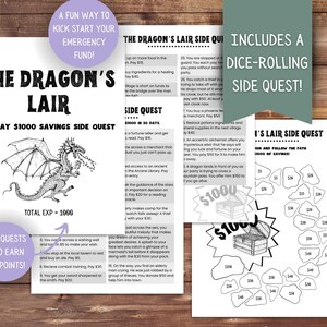 Op de afbeelding: Een zwart-witte illustratie van een draak met een 30-daags &euro; 1.000 spaar-sidequest-spel. Het spel bevat een dobbelsteen-sidequest en een pad om te volgen om besparingen te verdienen. Het spel is ontworpen om mensen te helpen geld te besparen.