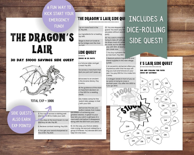 Op de afbeelding: Een zwart-witte illustratie van een draak met een 30-daags &euro; 1.000 spaar-sidequest-spel. Het spel bevat een dobbelsteen-sidequest en een pad om te volgen om besparingen te verdienen. Het spel is ontworpen om mensen te helpen geld te besparen.