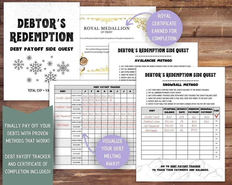 Op de afbeelding: Een printbaar werkblad met een schuldaflossingstracker en een certificaat van voltooiing. Het werkblad bevat twee methoden voor het aflossen van schulden: de Avalanche-methode en de Sneeuwbal-methode. Het werkblad bevat ook een schuldaflossingstracker met kolommen voor schuld, beginsaldo, rentepercentage, minimale betaling, sneeuwbalbetaling en betaald.