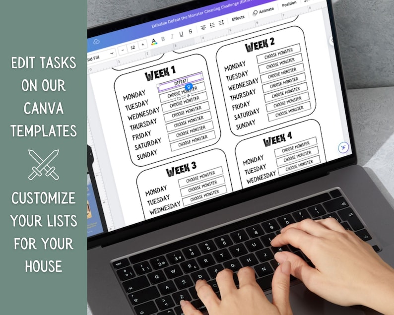 May include: A laptop screen displaying a Canva template for a weekly cleaning schedule. The template is divided into four sections, each labeled "Week 1", "Week 2", "Week 3", and "Week 4". Each section lists the days of the week, Monday through Sunday, with a box next to each day for users to fill in their cleaning tasks.