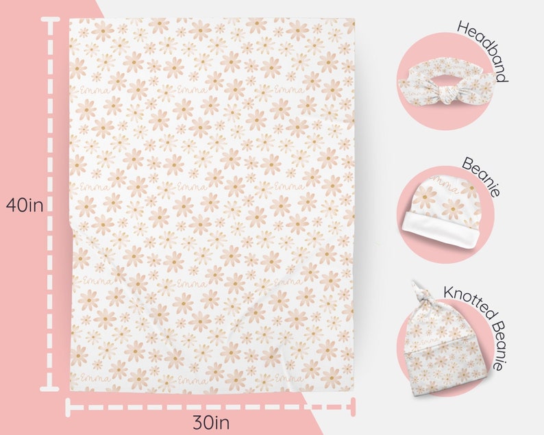 Custom Baby Shower Gift Girl Baby Personalized Swaddle Blanket and Hat Minimalist Baby Gift Pink Flower Blanket Personalized Name Blanket