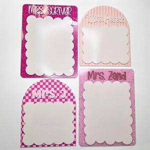 Arch shaped personalized teacher whiteboard notepad with scalloped edges and layered acrylic name. Dry erase writing surface perfect for classroom reminders, lesson planning notes, and daily teacher tasks. Cute teacher desk accessory and popular teacher appreciation gift idea for new teachers and back to school classrooms.