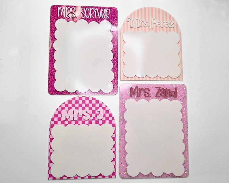 Arch shaped personalized teacher whiteboard notepad with scalloped edges and layered acrylic name. Dry erase writing surface perfect for classroom reminders, lesson planning notes, and daily teacher tasks. Cute teacher desk accessory and popular teacher appreciation gift idea for new teachers and back to school classrooms.