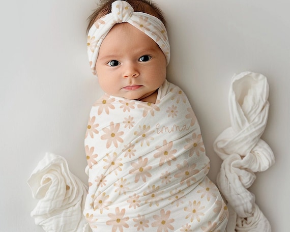 Custom Baby Shower Gift Girl Baby Personalized Swaddle Blanket and Hat Minimalist Baby Gift Pink Flower Blanket Personalized Name Blanket
