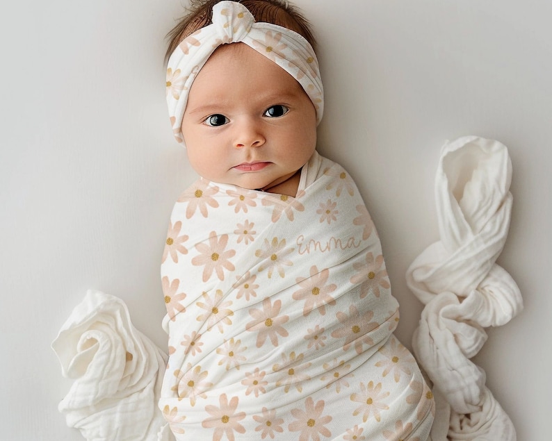 Custom Baby Shower Gift Girl Baby Personalized Swaddle Blanket and Hat Minimalist Baby Gift Pink Flower Blanket Personalized Name Blanket