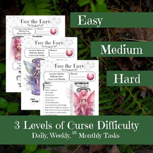 May include: Three printable cards with a fairy theme. Each card has a different level of difficulty: Easy, Medium, and Hard. The cards list chores to complete to free the fairy. The cards are set against a green leafy background.