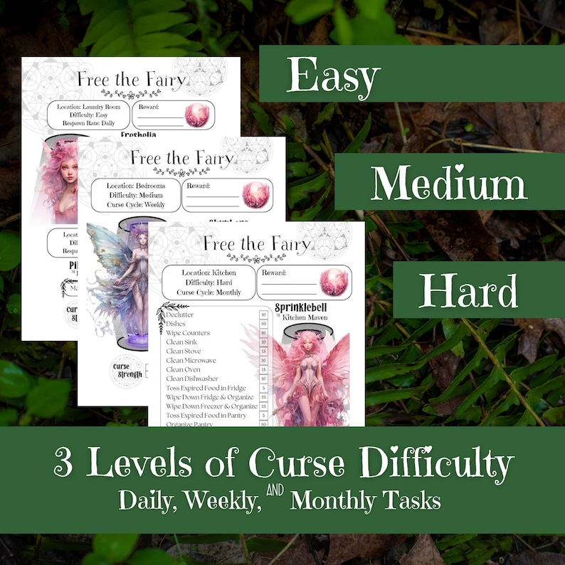 May include: Three printable cards with a fairy theme. Each card has a different level of difficulty: Easy, Medium, and Hard. The cards list chores to complete to free the fairy. The cards are set against a green leafy background.