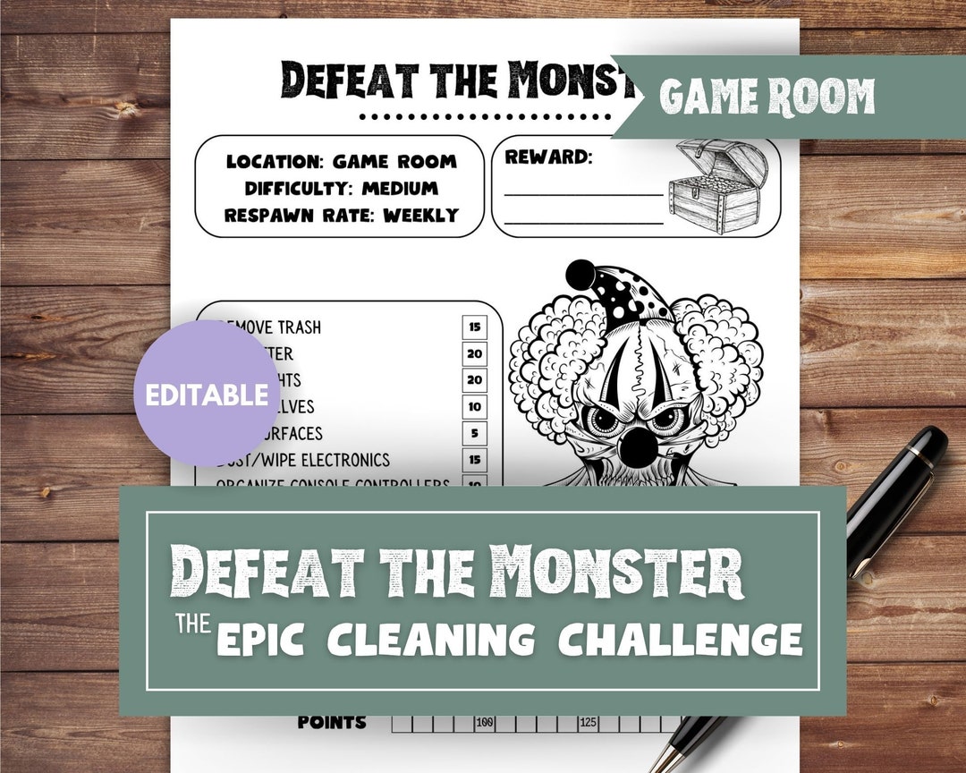 Game Room ADHD Cleaning Checklist Editable Chore Chart Monster Chore ...