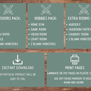 May include: A printable set of monster room labels for a home organization system. The labels include categories for outdoors, hobbies, and extra rooms. The labels are designed to be printed and laminated for durability. The image also includes instructions for using dry erase markers to reuse the labels.
