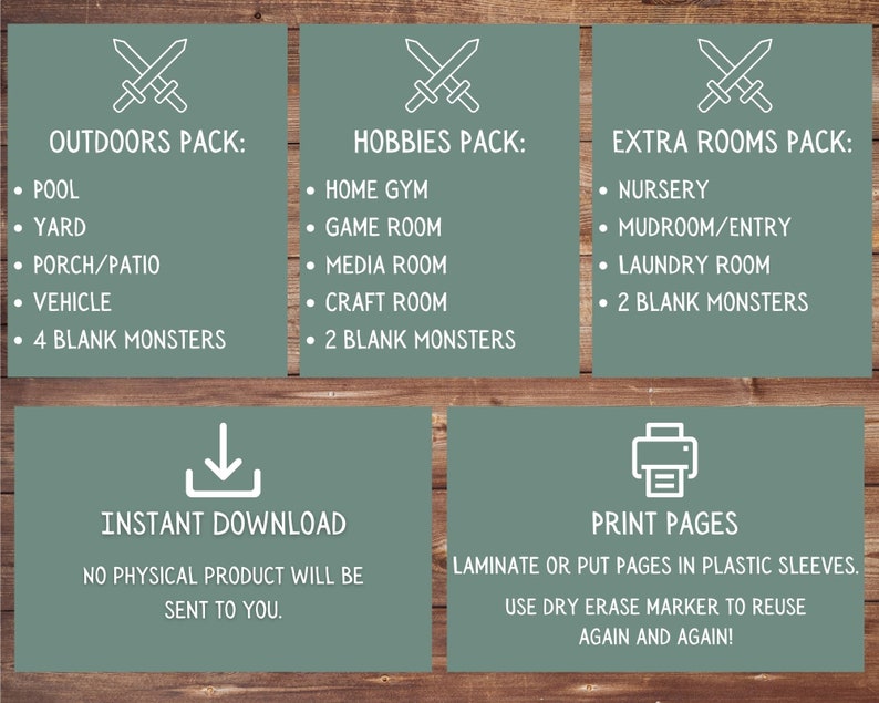 May include: A printable set of monster room labels for a home organization system. The labels include categories for outdoors, hobbies, and extra rooms. The labels are designed to be printed and laminated for durability. The image also includes instructions for using dry erase markers to reuse the labels.