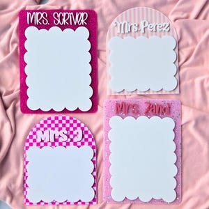 Custom teacher name dry erase board designed as a scalloped whiteboard notepad for classroom reminders and notes. Reusable teacher desk whiteboard perfect for writing daily tasks, lesson plans, or quick classroom notes. Popular teacher appreciation gift, new teacher classroom gift, and back to school teacher desk accessory for organized classrooms.