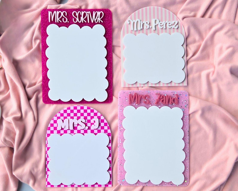 Custom teacher name dry erase board designed as a scalloped whiteboard notepad for classroom reminders and notes. Reusable teacher desk whiteboard perfect for writing daily tasks, lesson plans, or quick classroom notes. Popular teacher appreciation gift, new teacher classroom gift, and back to school teacher desk accessory for organized classrooms.