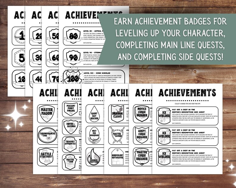 Op de afbeelding: Zwart-witte printbare prestatiebadges voor een rollenspel. De badges tonen verschillende niveaus, vaardigheden en missies. De tekst luidt "Verdien prestatiebadges voor het levelen van je personage, het voltooien van hoofdmissies en het voltooien van nevenmissies!"