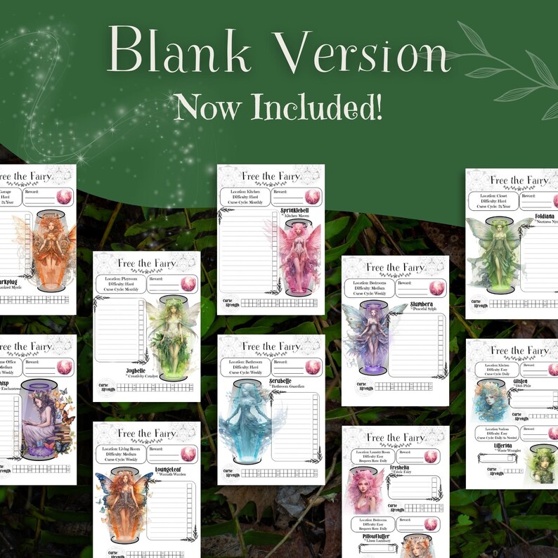 May include: A set of ten printable fairy-themed checklists, including a blank version. Each checklist features a different fairy illustration with a name and a list of tasks to complete. The checklists are designed for a self-care routine.