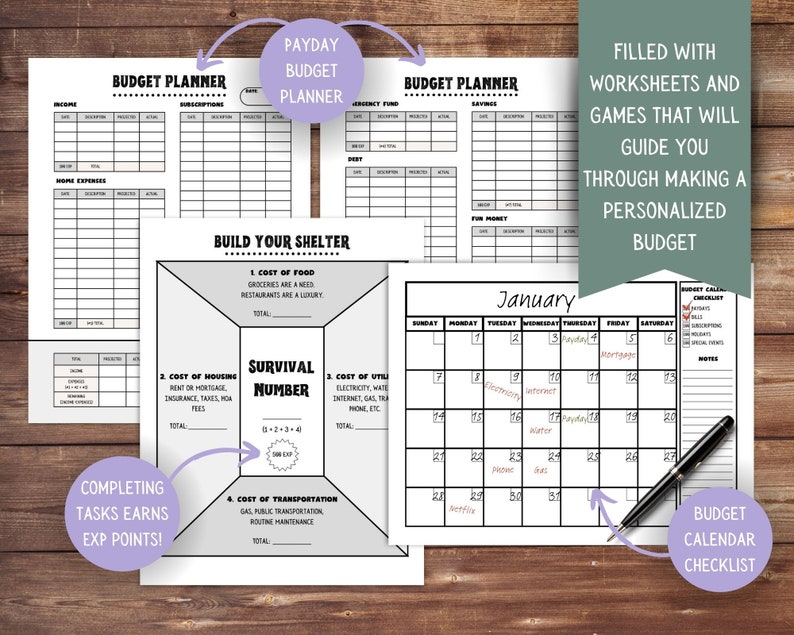 Op de afbeelding: Zwart-witte printbare budgetplanner-werkbladen met een kalenderchecklist. De werkbladen bevatten secties voor inkomsten, uitgaven, besparingen en een budgettracker voor het overlevingsnummer. De kalenderchecklist bevat een sectie voor notities en een lijst met budgetcategorie&euml;n.