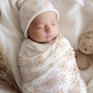 Custom Baby Shower Gift Girl Baby Personalized Swaddle Blanket and Hat Minimalist Baby Gift Pink Flower Blanket Personalized Name Blanket
