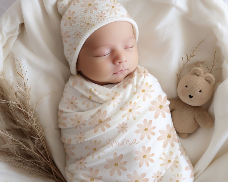 Custom Baby Shower Gift Girl Baby Personalized Swaddle Blanket and Hat Minimalist Baby Gift Pink Flower Blanket Personalized Name Blanket