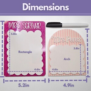 Personalized classroom dry erase board designed as a teacher desk notepad with scalloped edges and custom teacher name. Reusable whiteboard for reminders, lesson planning, and classroom organization. Perfect teacher appreciation gift, new teacher classroom decor, and back to school teacher supply.