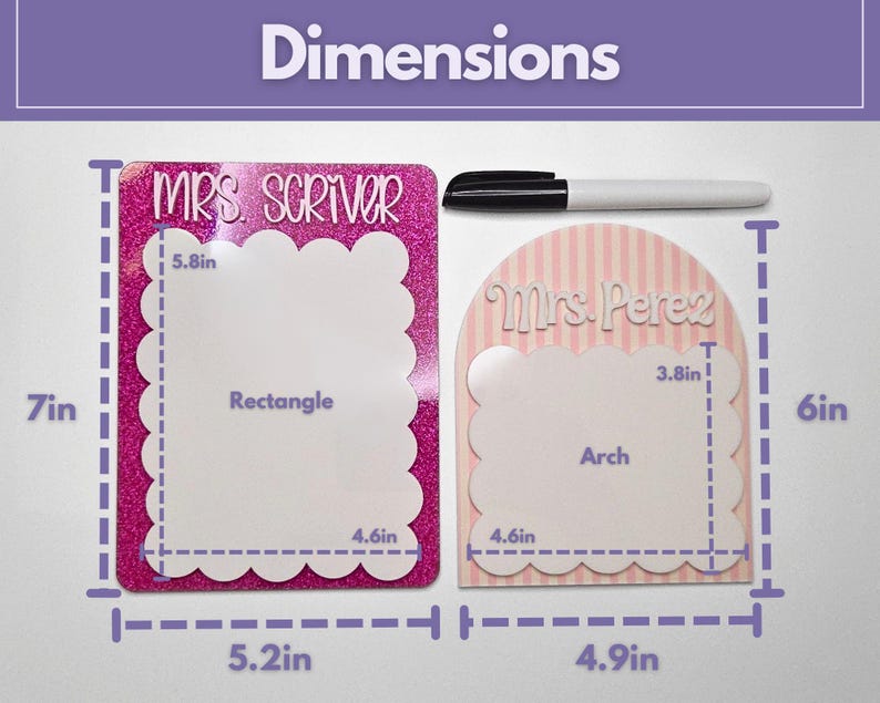 Personalized classroom dry erase board designed as a teacher desk notepad with scalloped edges and custom teacher name. Reusable whiteboard for reminders, lesson planning, and classroom organization. Perfect teacher appreciation gift, new teacher classroom decor, and back to school teacher supply.