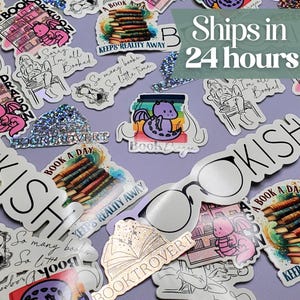 May include: Assortment of colorful book-themed stickers with various designs, including a dragon, a book stack, and the text "Bookish" and "Book Dragon".