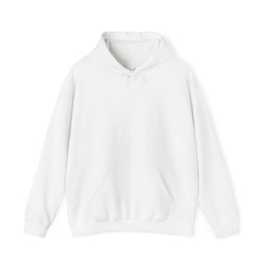 May include: A solid white long-sleeve hooded sweatshirt featuring a front kangaroo pocket, a drawstring hood with matching white cords, and ribbed cuffs at the wrists and hem. The garment is plain with no visible patterns or logos.