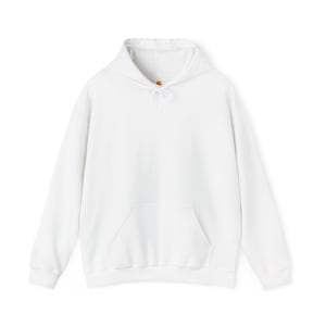 May include: A solid white long-sleeve hooded sweatshirt featuring a front kangaroo pocket, a drawstring hood, and a small orange sun icon printed on the center of the neckline area just below the hood opening.