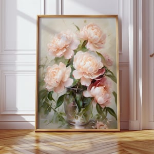 Elegantes flores de peonía de color rosa melocotón claro, flores de peonía en jarrón, elegante arte de pared con peonías para imprimir