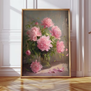 Elegant Pink Peonies Bouquet Digital Wall Art, Pink Peonies Bouquet In A Vase Printable Poster