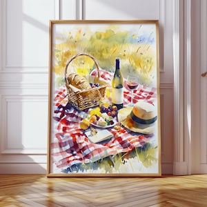 Watercolor Style Picnic Scene Digital Wall Art, Picnic Scene Printable Poster