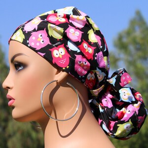 Medium Satin Lined Scrub Hat, Owl, Protect Hair w/Satin Lined Ponytail Scrub Cap. Buttons Option, Nurse/Surgical/Doctor Hat