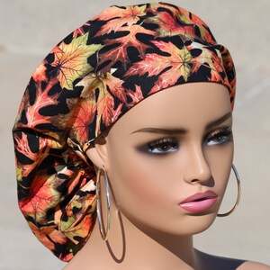 Large Fall Leaves Satin Lined Scrub Hat, Protect Hair w/Satin Lined Ponytail Scrub Cap. Button/Size Option, See Description, Surgical Cap