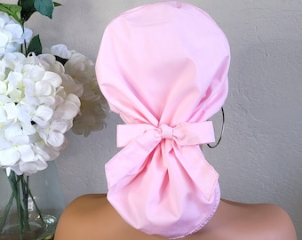 Medium Pink Satin Lined Scrub Hat, Protect Hair w/Satin Lined Ponytail Scrub Cap. Button/Size Option See Description, Nurse/Surgical/Dr. Cap