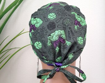 Medium Green Hulk Satin Lined Scrub Hat, Protect Hair w/Satin Lined Surgical Scrub Cap, Button/Size Options See Description, Surgical Hat