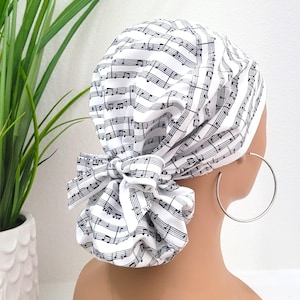 Medium, Happy Tunes Satin Lined Scrub Hat, Protect Hair w/Satin Lined Scrub Cap, Button/Size Options, Nurse/Surgical/Doctor Cap