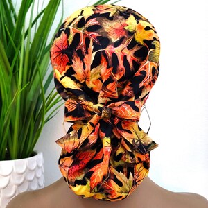 Medium Fall Leaves Satin Lined Scrub Hat, Protect Hair w/Satin Lined Ponytail Scrub Cap. Button/Size Option, See Description, Surgical Cap