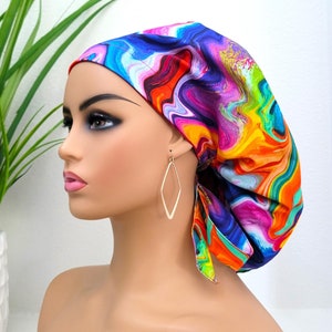 Large, Swirls Satin Lined Scrub Hat, Protect Hair w/Satin Lined Ponytail Scrub Cap. Buttons/Size Options, Nurse/Surgical/Doctor Hat