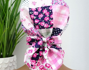 Medium, Floral Patchwork Satin Lined Scrub Cap, Protect Hair w/Satin Lined Ponytail Scrub Cap. Buttons/Size Options, Nurse/Surgical/Dr Cap
