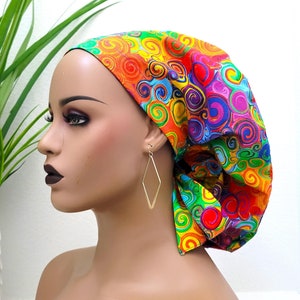 Large, Swirls Satin Lined Scrub Hat, Protect Hair w/Satin Lined Ponytail Scrub Cap. Buttons/Size Options, Nurse/Surgical/Doctor Hat