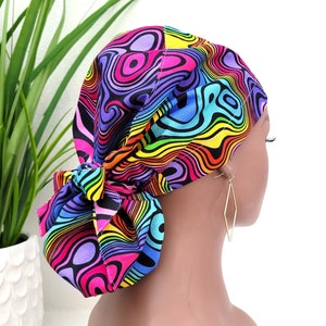 Medium, Swirls Satin Lined Scrub Hat, Protect Hair w/Satin Lined Ponytail Scrub Cap. Buttons/Size Options, Nurse/Surgical/Doctor Hat