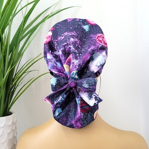 Medium Galaxy Satin Lined Scrub Hat, Protect Hair w/Satin Lined Ponytail Scrub Cap. Buttons/Size See Description, Nurse/Surgical Cap