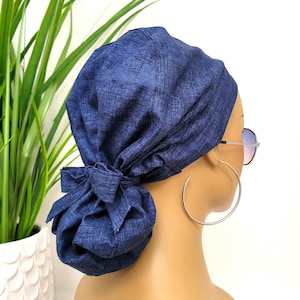 Medium, Bold Denim Look Satin Lined Scrub Hat, Protect Hair w/Satin Lined Ponytail Scrub Cap, Buttons, Nurse/Surgical/Dr Hat, Satin Lined