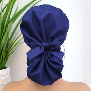 Large Satin Lined Scrub Hat, Protect Hair w/Satin Lined Ponytail Scrub Cap. Buttons/Size Options, Nurse/Surgical/Doctor Hat, Navy Blue Hat