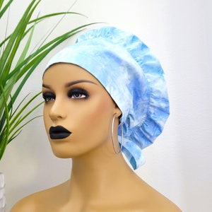 Large, Cloud Blue Tie Dye Bouffant Satin Lined Scrub Hat, Protect Hair w/Satin Lined Bouffant Scrub Cap. Button/Size Options, Nurse/Dr Cap