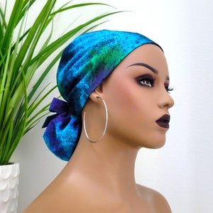 Small, Protect Hair w/Satin Lined Ponytail Scrub Cap, Carribean Blue, Button/Size Options, Satin Lined Scrub Hat, Nurse/Surgical/Doctor Hat