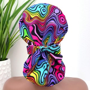 Large, Swirls Satin Lined Scrub Hat, Protect Hair w/Satin Lined Ponytail Scrub Cap. Buttons/Size Options, Nurse/Surgical/Doctor Hat