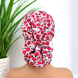 Large, Floral Satin Lined Scrub Hat, Protect Hair w/Satin Lined Ponytail Scrub Cap. Buttons/Size Options, Nurse/Surgical/Doctor Cap